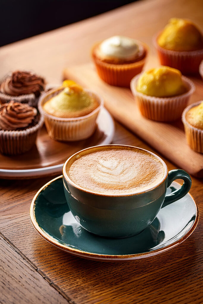 Cup of coffee and cupcakes on a table