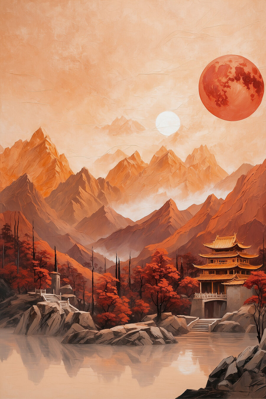 Peinture d'un temple dans les montagnes