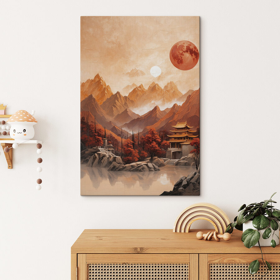 Peinture d'un temple dans les montagnes