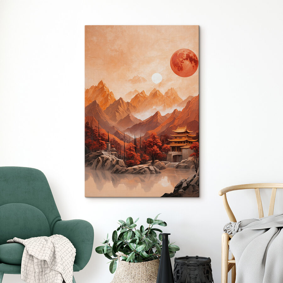 Peinture d'un temple dans les montagnes
