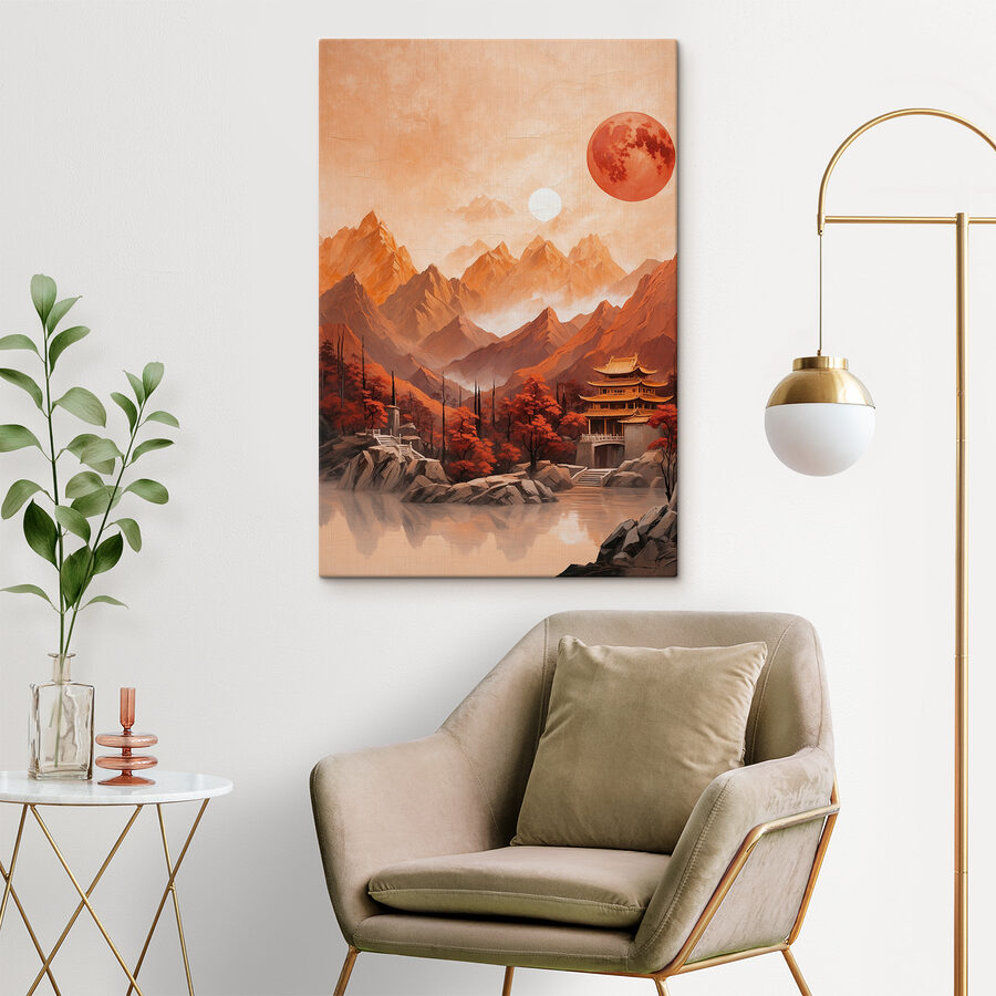 Peinture d'un temple dans les montagnes