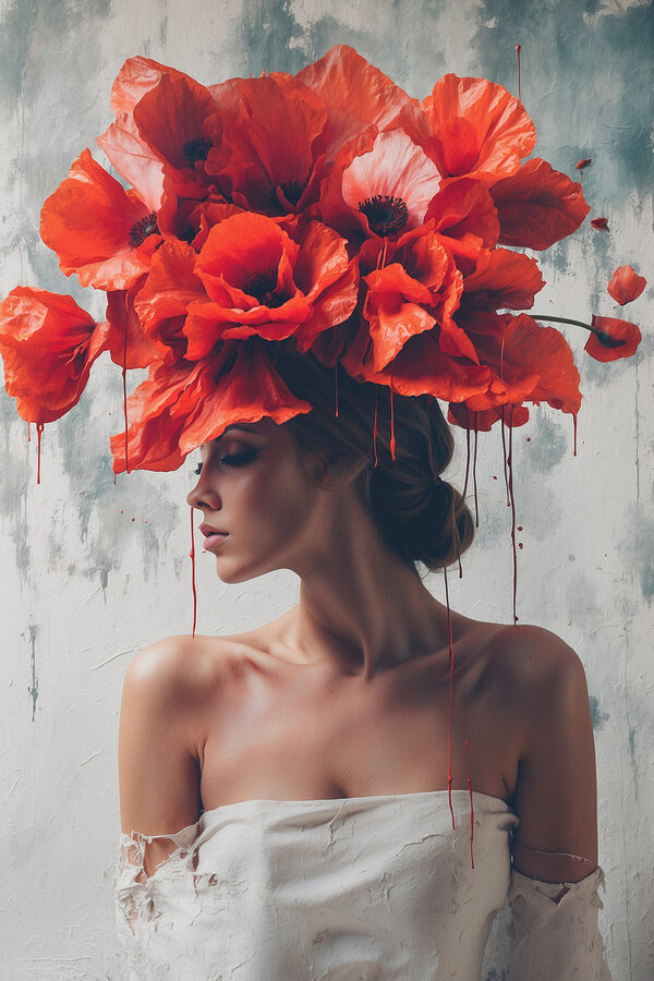 Femme avec des fleurs rouges sur la tête Femme avec des fleurs rouges sur la tête