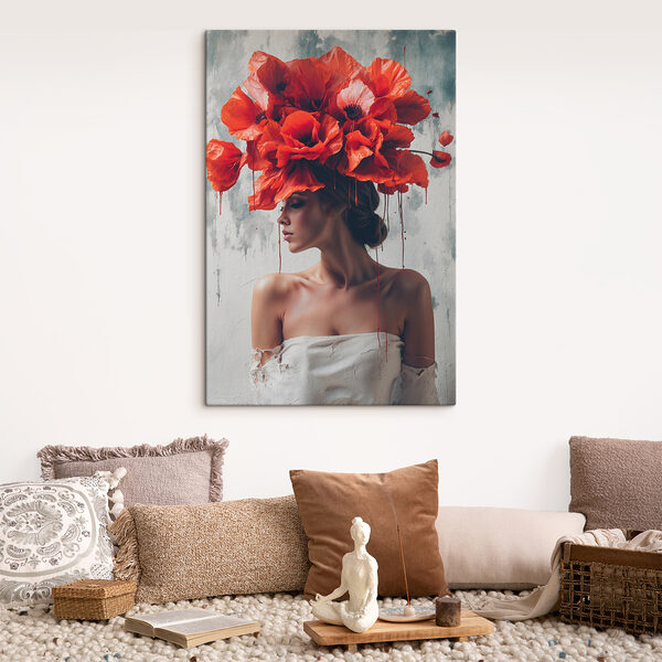 Femme avec des fleurs rouges sur la tête Femme avec des fleurs rouges sur la tête