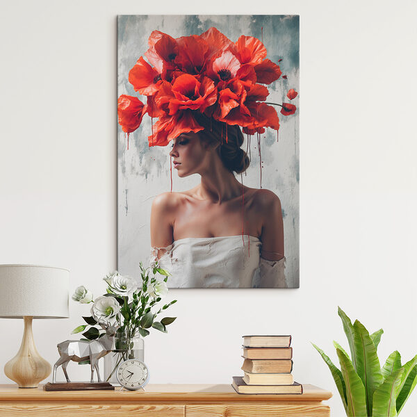 Femme avec des fleurs rouges sur la tête Femme avec des fleurs rouges sur la tête