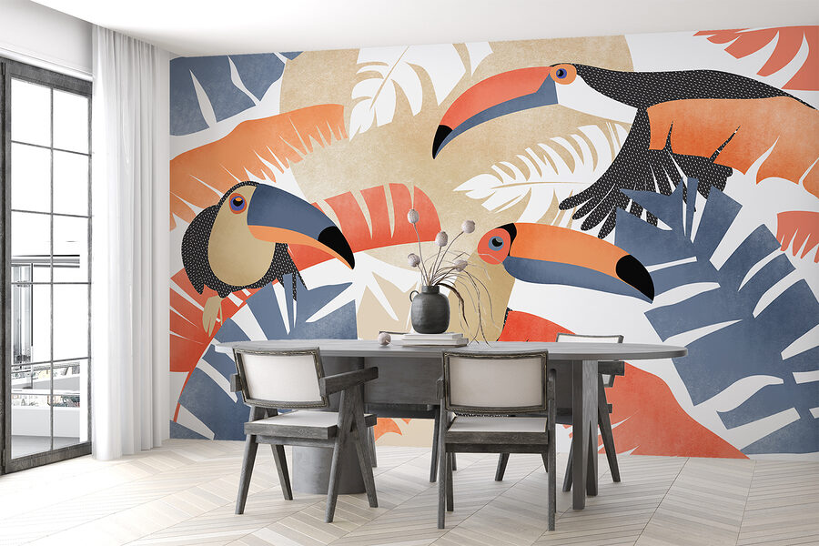 Groupe d'oiseaux avec des feuilles