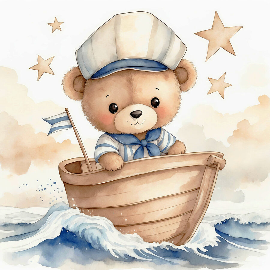 Aquarelle d'un ours en peluche dans un bateau