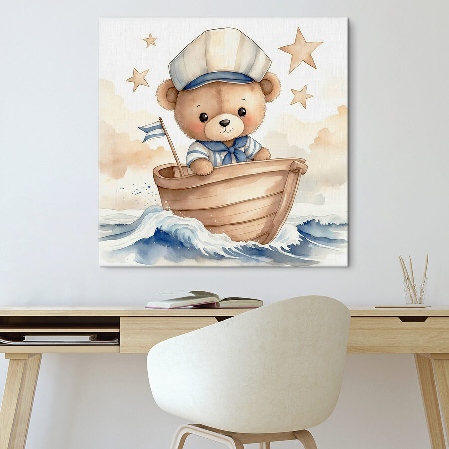 Aquarelle d'un ours en peluche dans un bateau