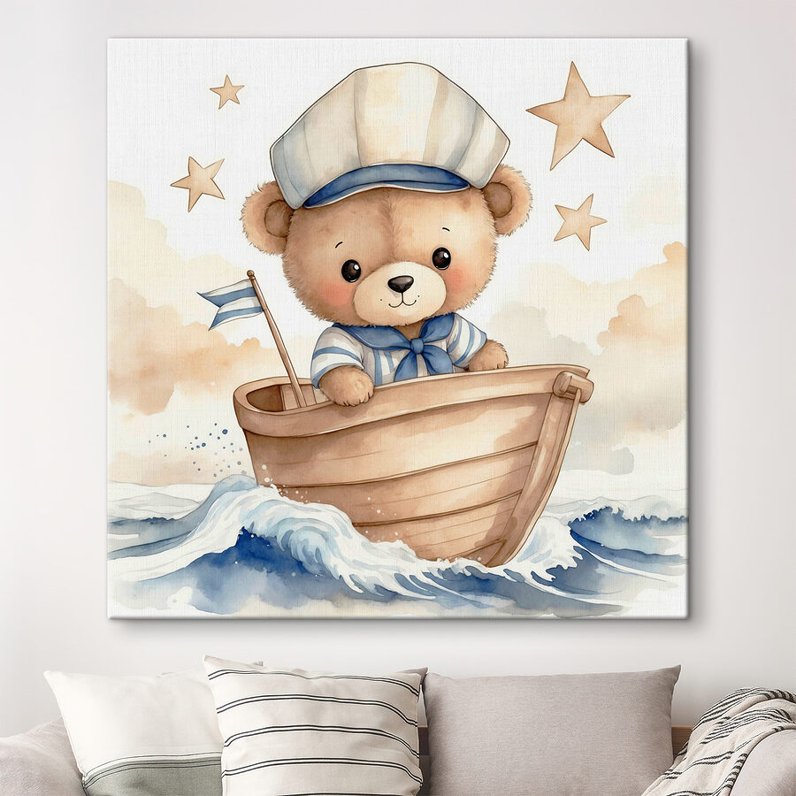 Aquarelle d'un ours en peluche dans un bateau
