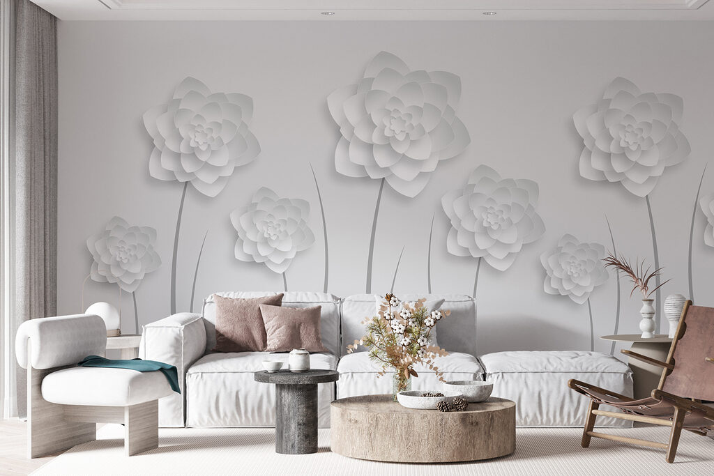 White paper flowers on a white background