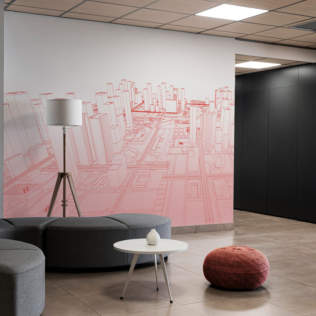 Red line drawing of a city