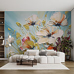 Papier peint Peinture de fleurs sur fond bleu