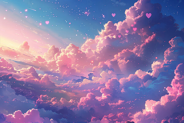 Ciel coloré avec des nuages et des cœurs Ciel coloré avec des nuages et des cœurs