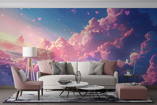 Ciel coloré avec des nuages et des cœurs Ciel coloré avec des nuages et des cœurs