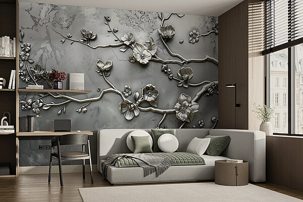 Silver floral design on a wall