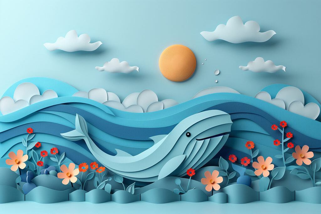Papier découpé représentant une baleine dans l'océan Papier découpé représentant une baleine dans l'océan