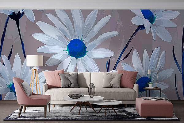 Groupe de fleurs blanches avec centre bleu Papier peint Groupe de fleurs blanches avec centre bleu