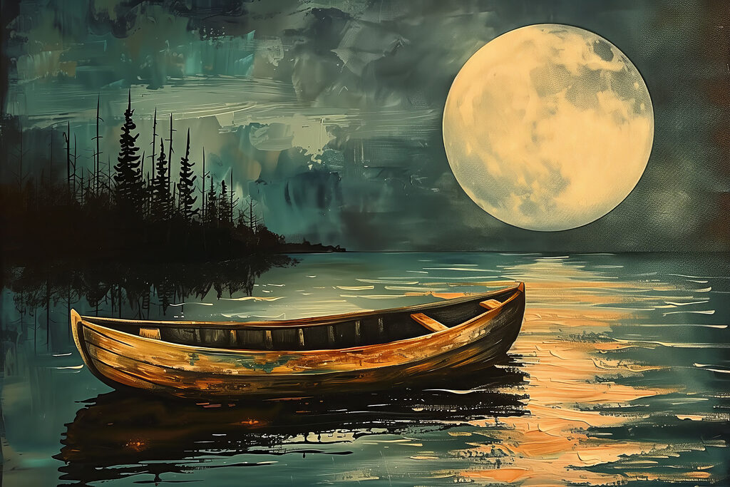 Boat in the water with a full moon in the background
