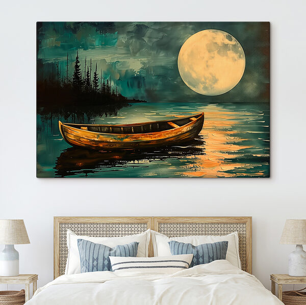 Bateau dans l'eau avec la pleine lune en arrière-plan Bateau dans l'eau avec la pleine lune en arrière-plan