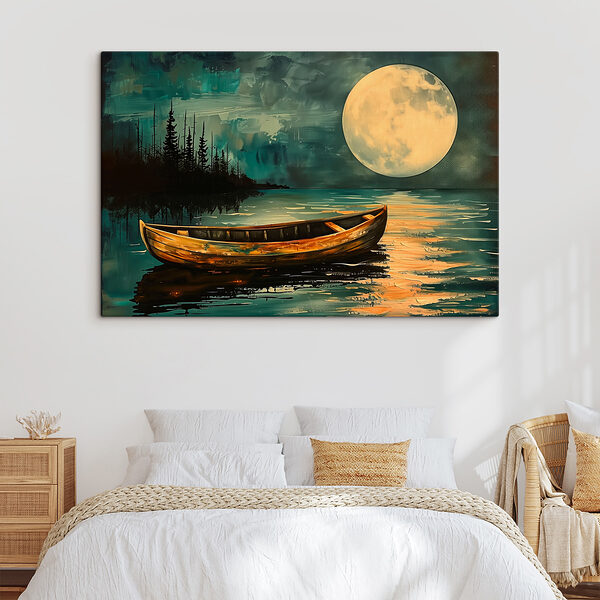 Bateau dans l'eau avec la pleine lune en arrière-plan Bateau dans l'eau avec la pleine lune en arrière-plan