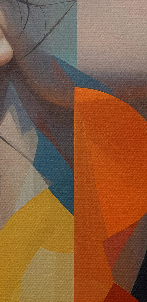 Woman with black hair and orange and blue circles Woman with black hair and orange and blue circles