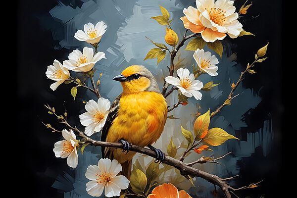 Oiseau sur une branche avec des fleurs Oiseau sur une branche avec des fleurs