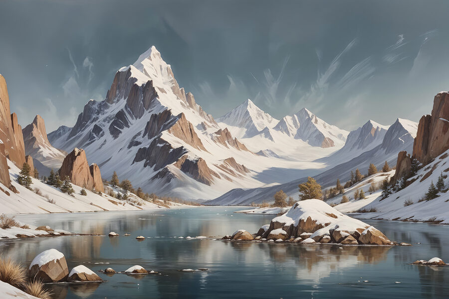 Chaîne de montagnes enneigées avec un lac