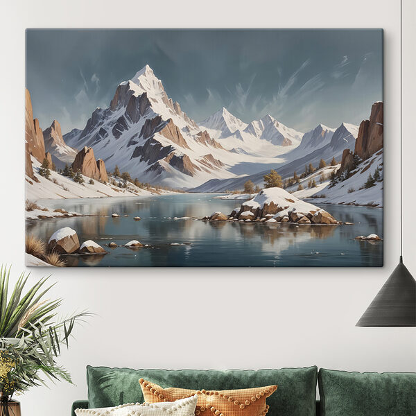 Chaîne de montagnes enneigées avec un lac Chaîne de montagnes enneigées avec un lac
