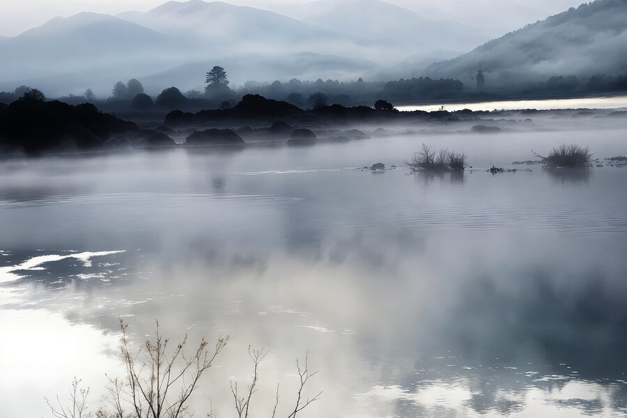 Paysage brumeux avec montagnes et eau