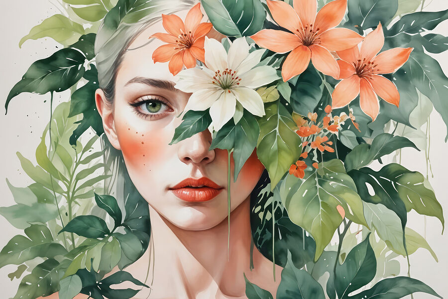 Femme avec des fleurs autour du visage