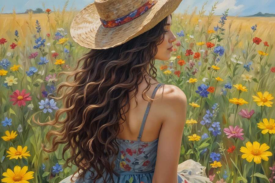 Femme au chapeau dans un champ de fleurs Femme au chapeau dans un champ de fleurs