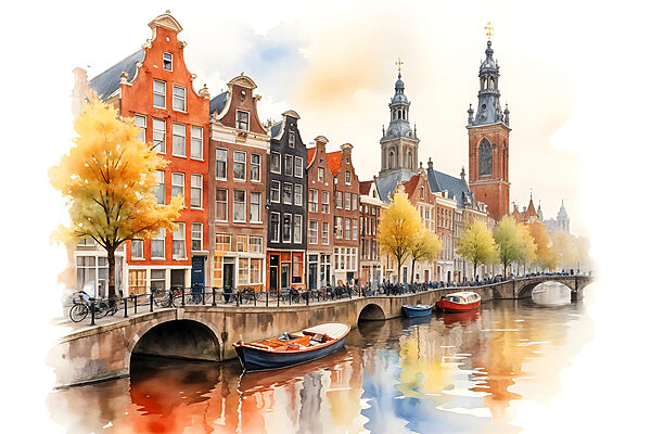 Watercolor of a canal with boats and buildings Watercolor of a canal with boats and buildings