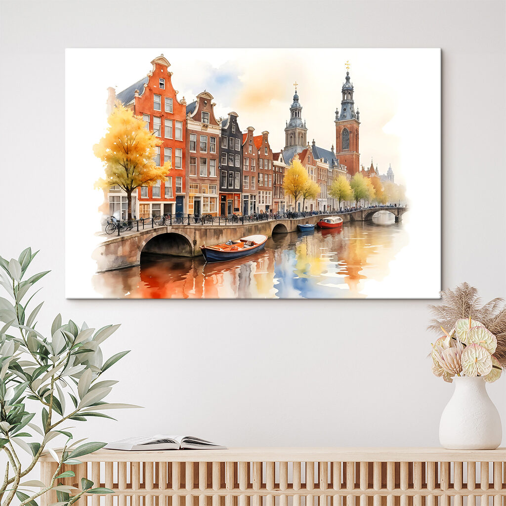Watercolor of a canal with boats and buildings Watercolor of a canal with boats and buildings