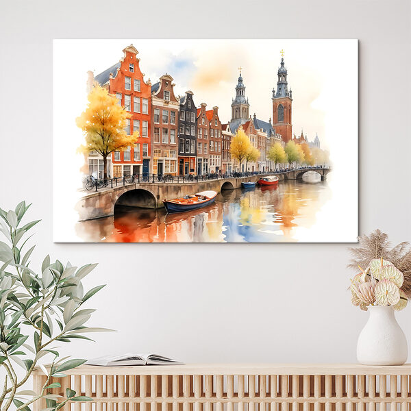 Watercolor of a canal with boats and buildings Watercolor of a canal with boats and buildings
