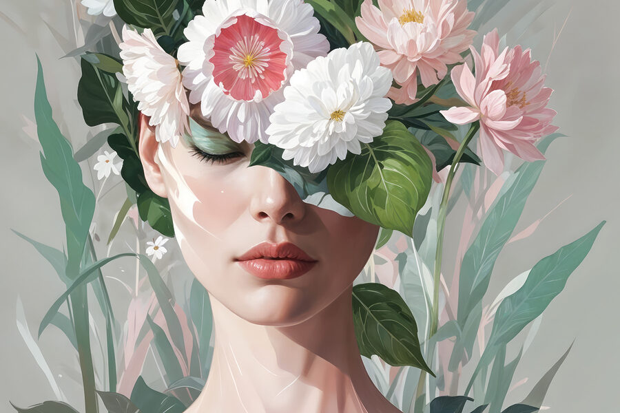 Femme avec des fleurs sur la tête