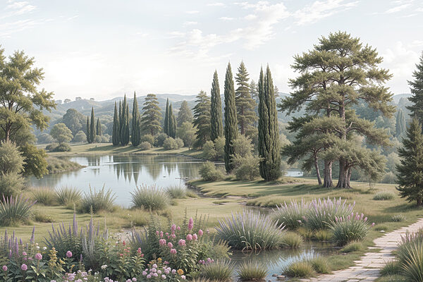 Lac avec des arbres, de l'herbe et des fleurs Lac avec des arbres, de l'herbe et des fleurs