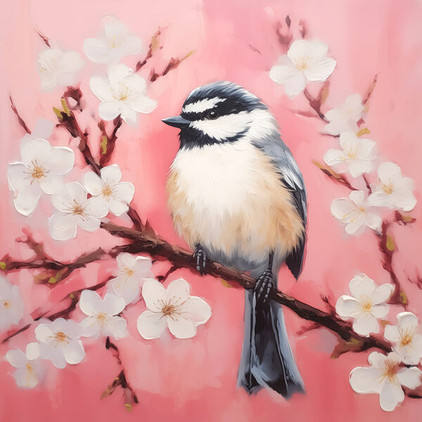 Oiseau sur une branche avec des fleurs blanches Oiseau sur une branche avec des fleurs blanches