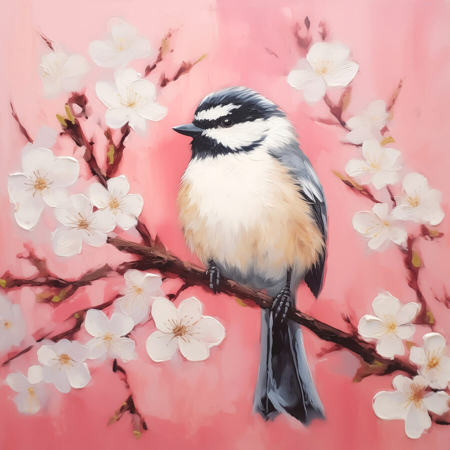 Oiseau sur une branche avec des fleurs blanches Oiseau sur une branche avec des fleurs blanches