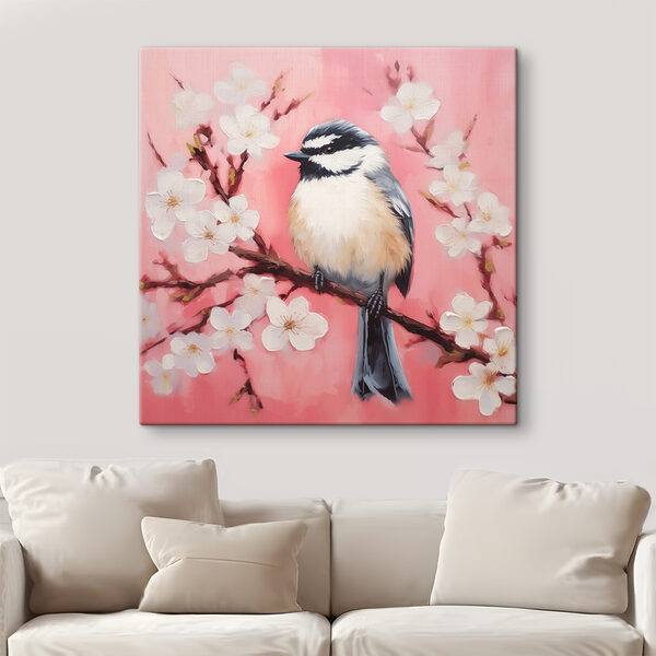Oiseau sur une branche avec des fleurs blanches Oiseau sur une branche avec des fleurs blanches