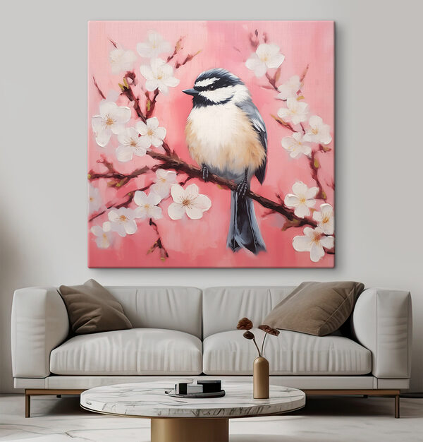 Oiseau sur une branche avec des fleurs blanches Oiseau sur une branche avec des fleurs blanches