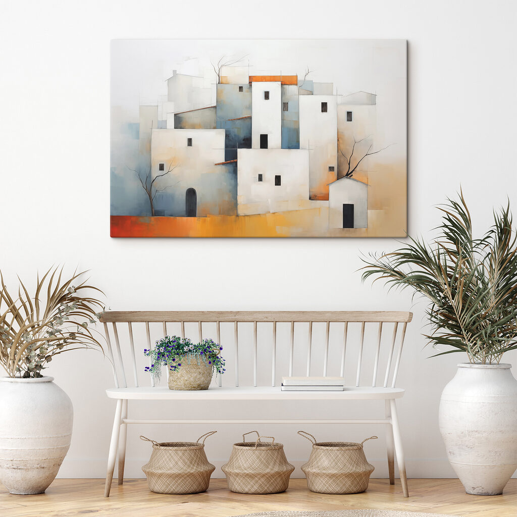 Painting of a group of buildings Painting of a group of buildings