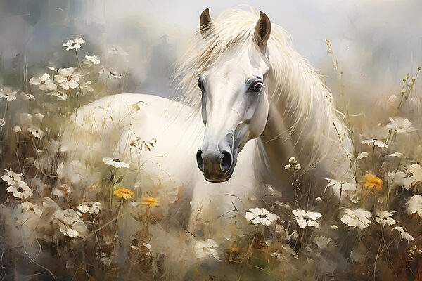 Cheval blanc dans un champ de fleurs Cheval blanc dans un champ de fleurs