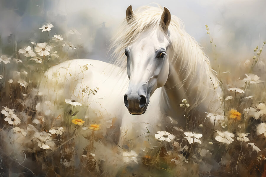 Cheval blanc dans un champ de fleurs