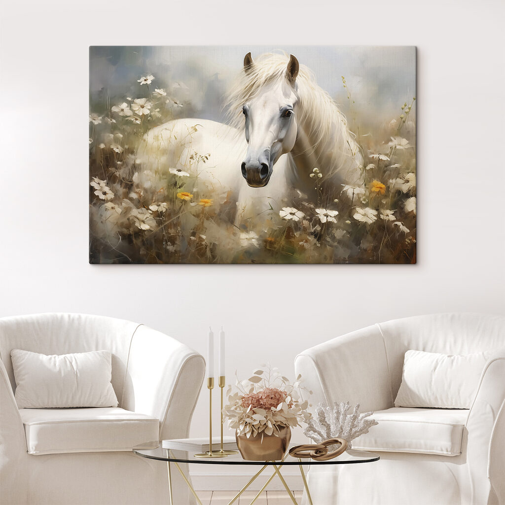 White horse in a field of flowers White horse in a field of flowers