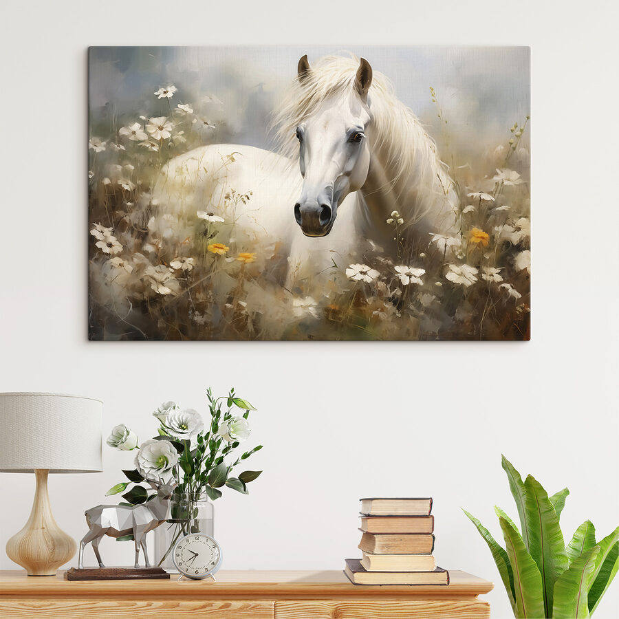 Cheval blanc dans un champ de fleurs