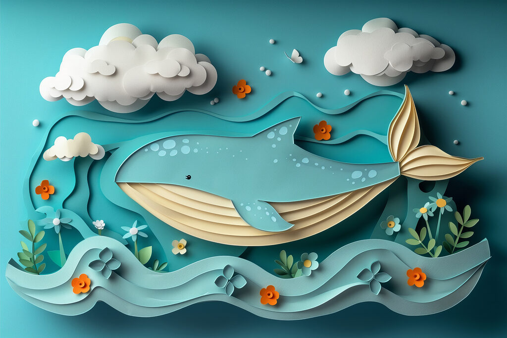 Baleine en papier découpé dans l'océan Baleine en papier découpé dans l'océan