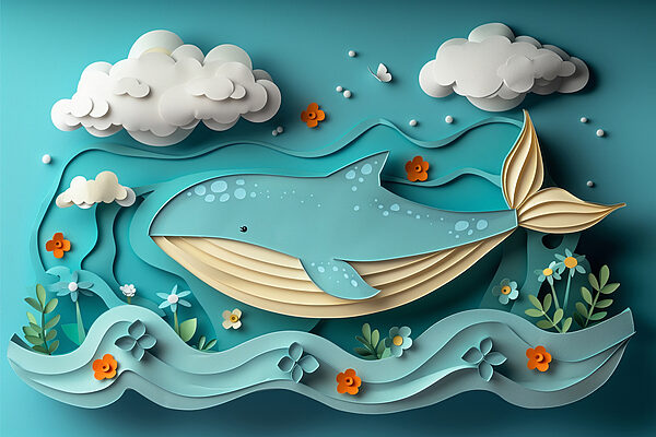 Baleine en papier découpé dans l'océan Baleine en papier découpé dans l'océan