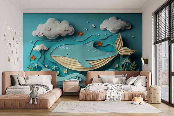 Baleine en papier découpé dans l'océan Baleine en papier découpé dans l'océan