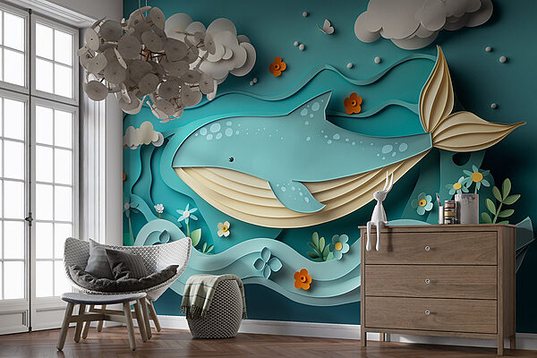 Baleine en papier découpé dans l'océan Baleine en papier découpé dans l'océan