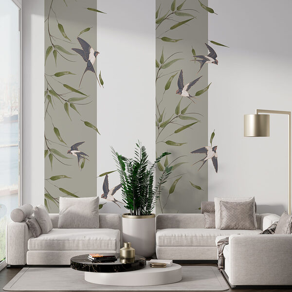 Papier peint avec des oiseaux volant sur une branche Papier peint avec des oiseaux volant sur une branche