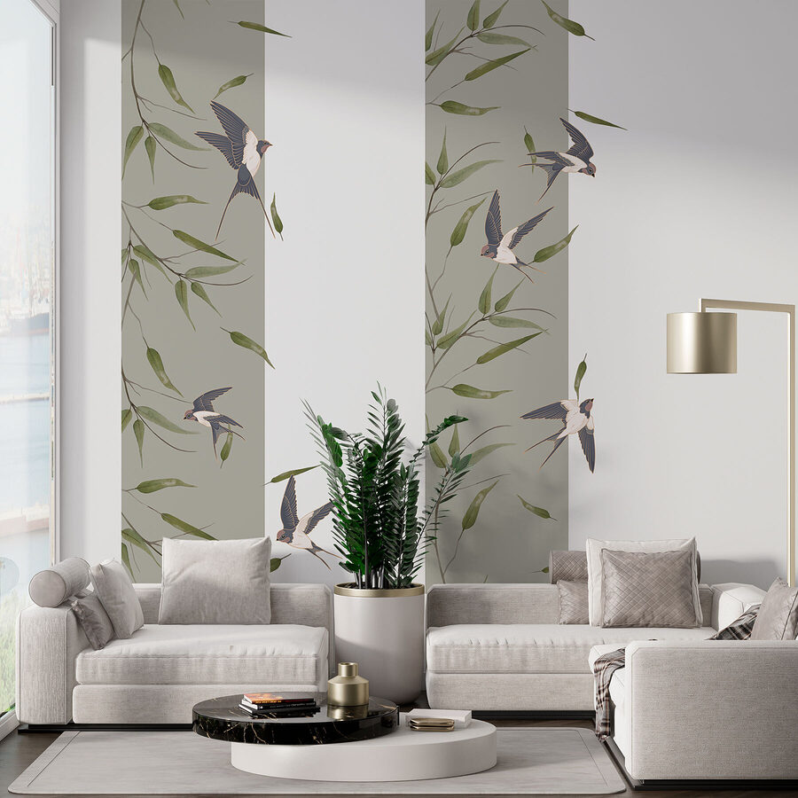 Papier peint avec des oiseaux volant sur une branche